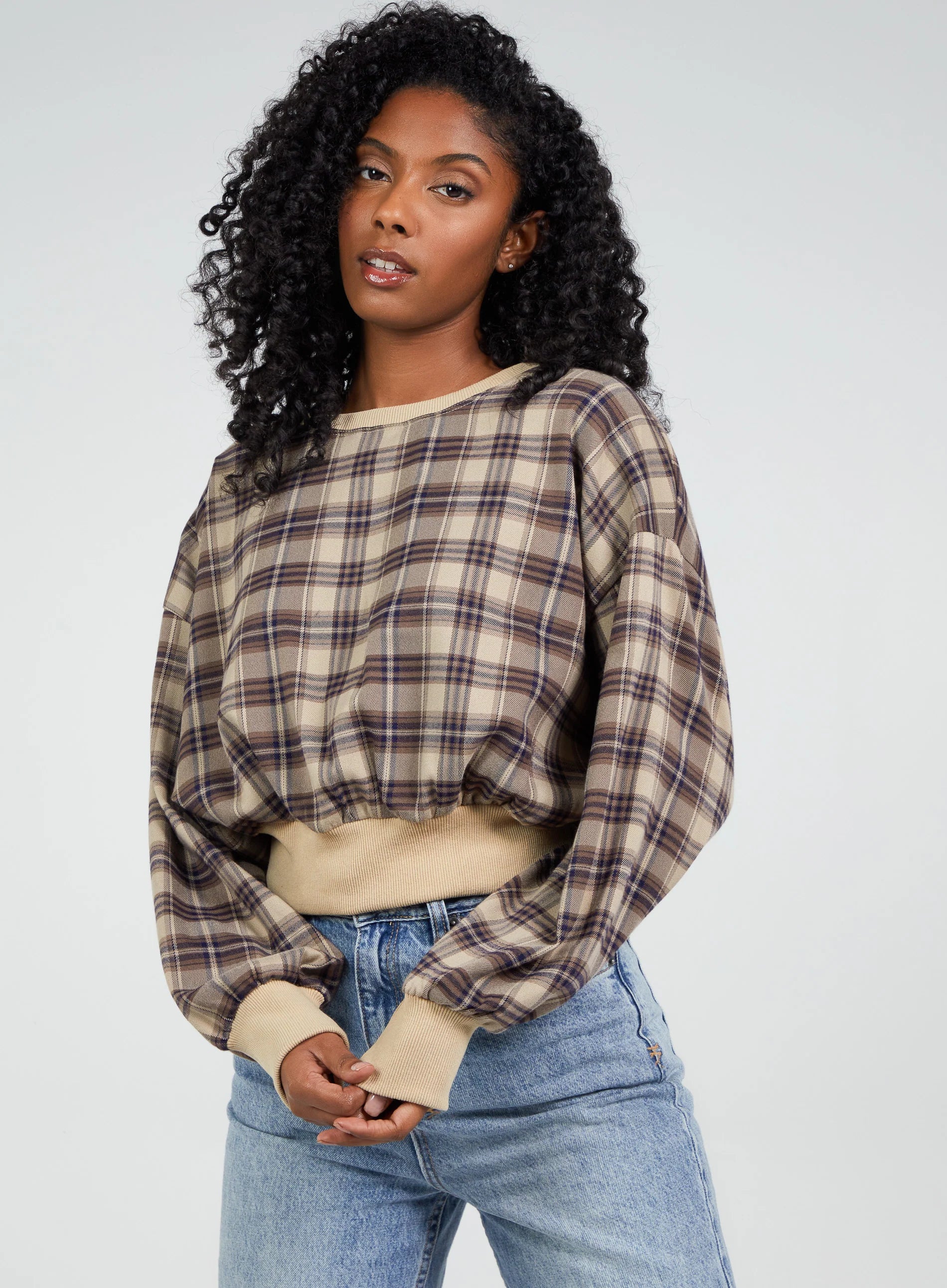 Oversized Cropped Check Sweatshirt