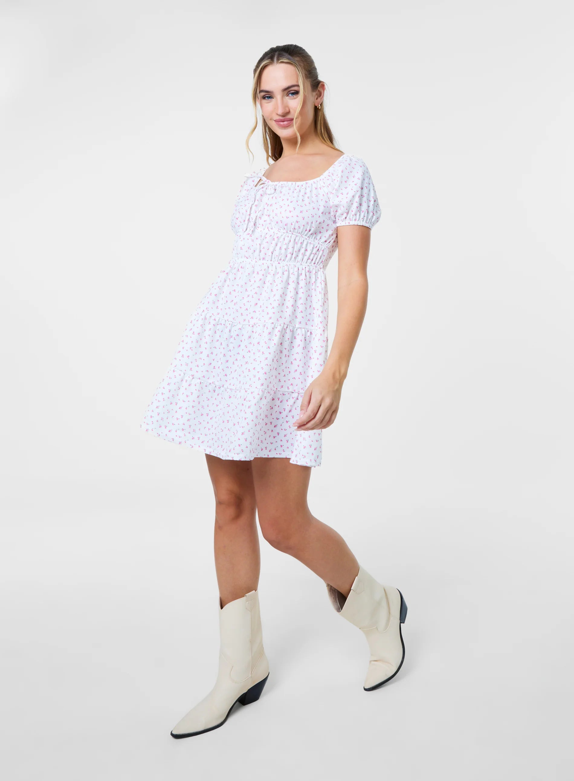 Ditsy Puff Sleeve Tiered Mini Dress