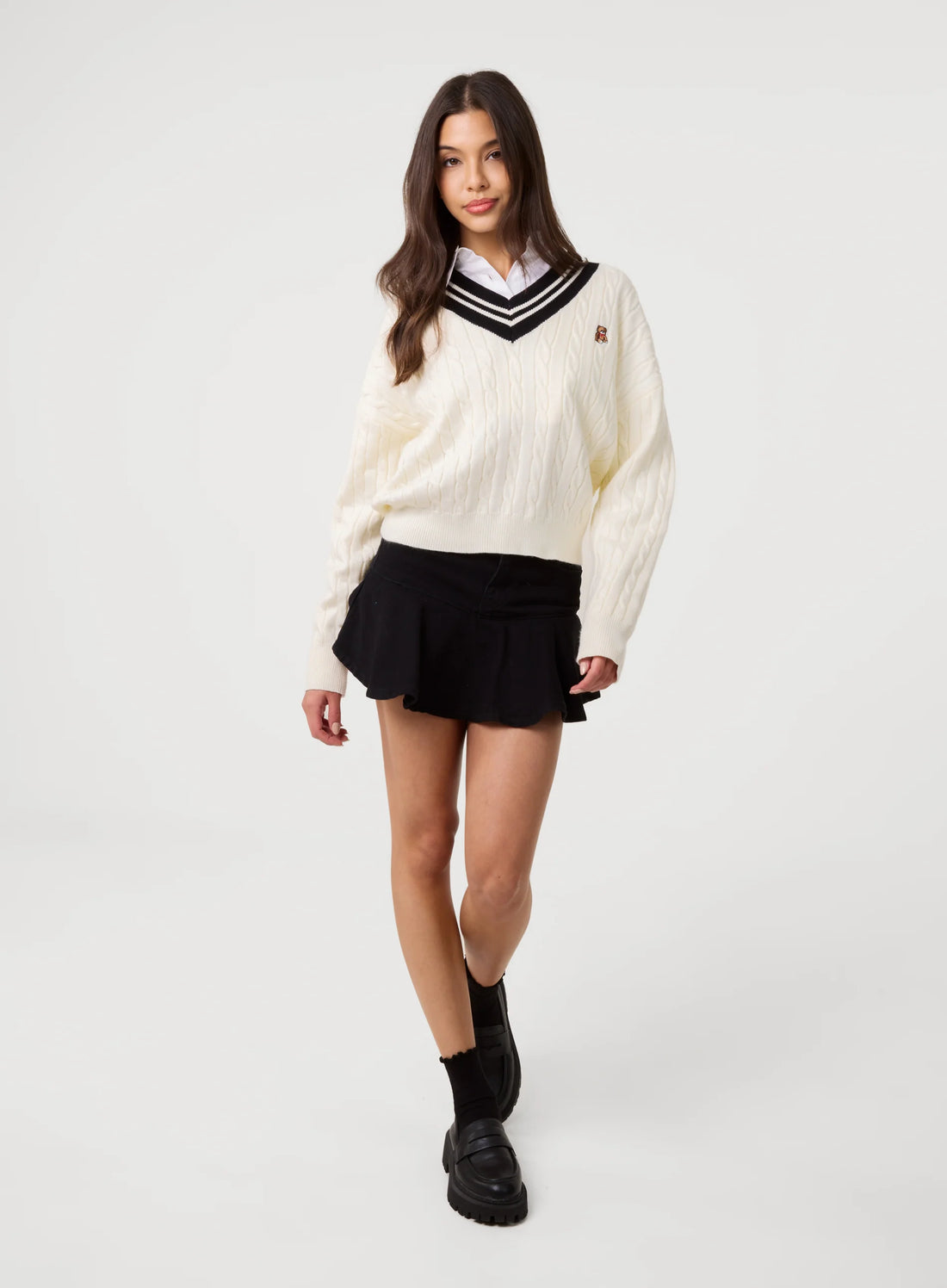 V Neck Cable Knit Teddy Jumper