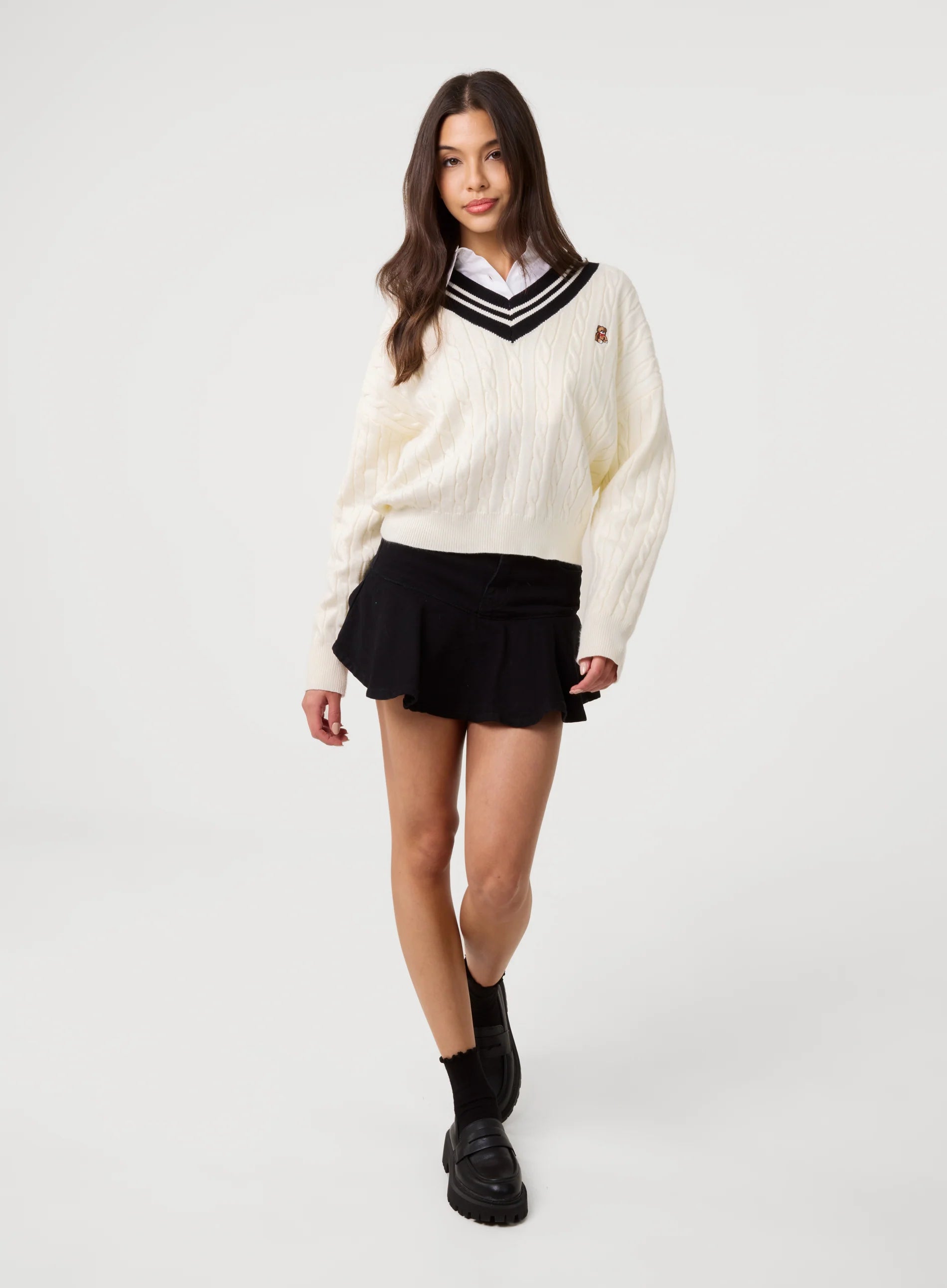 V Neck Cable Knit Teddy Jumper