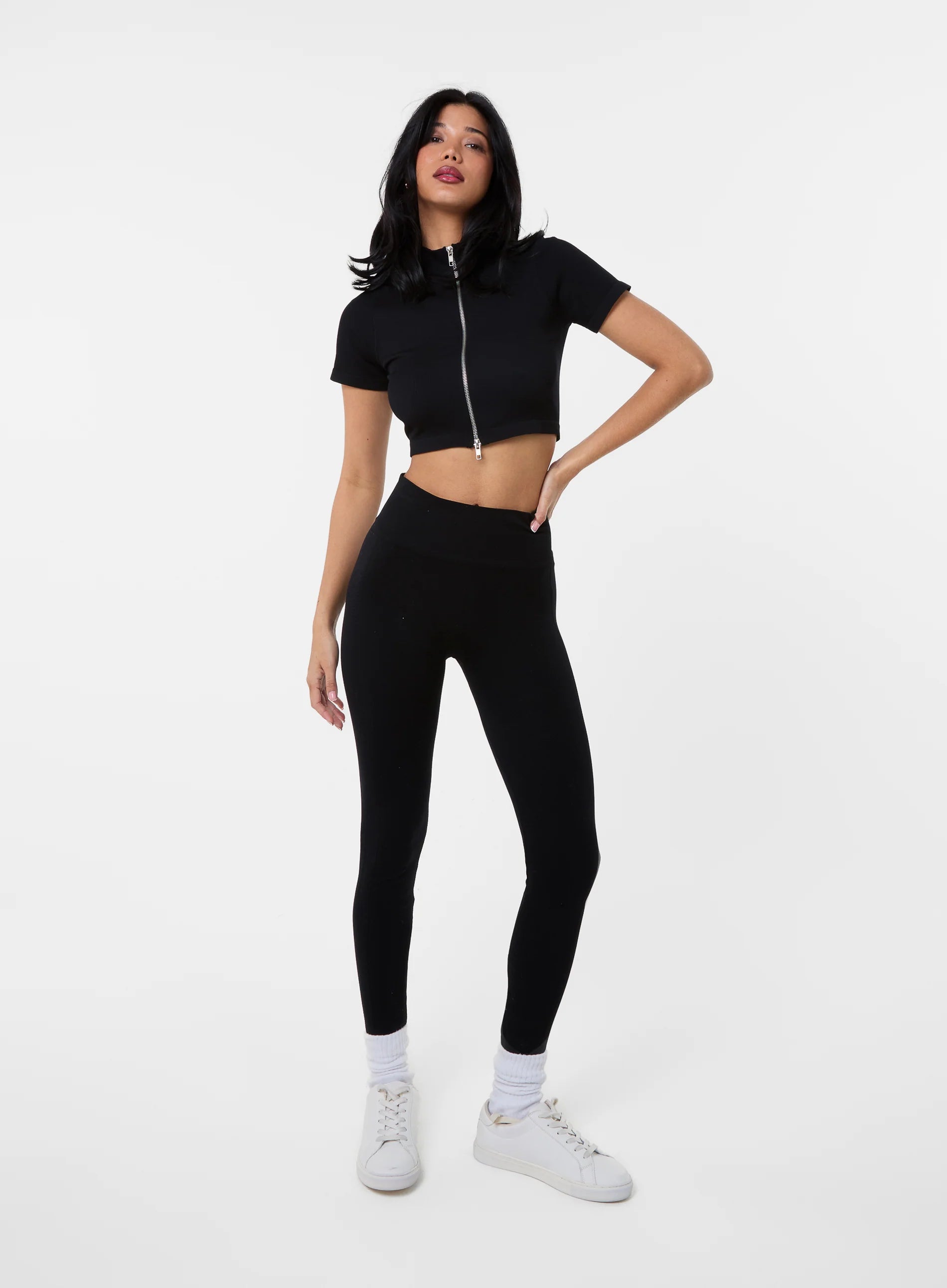 Double Zip Short Sleeve Rib Top