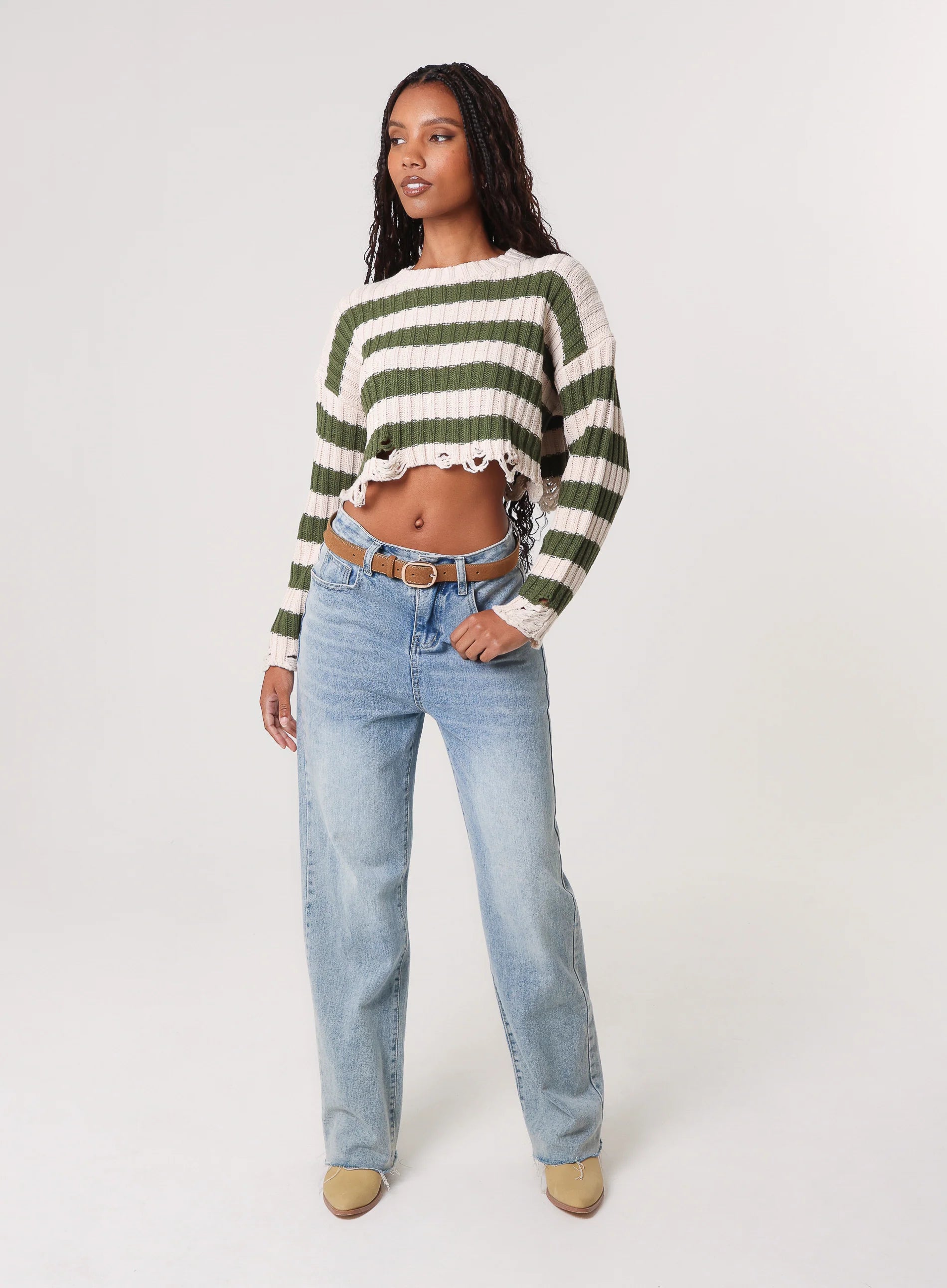 Distressed Striped Crop Knit Jumper