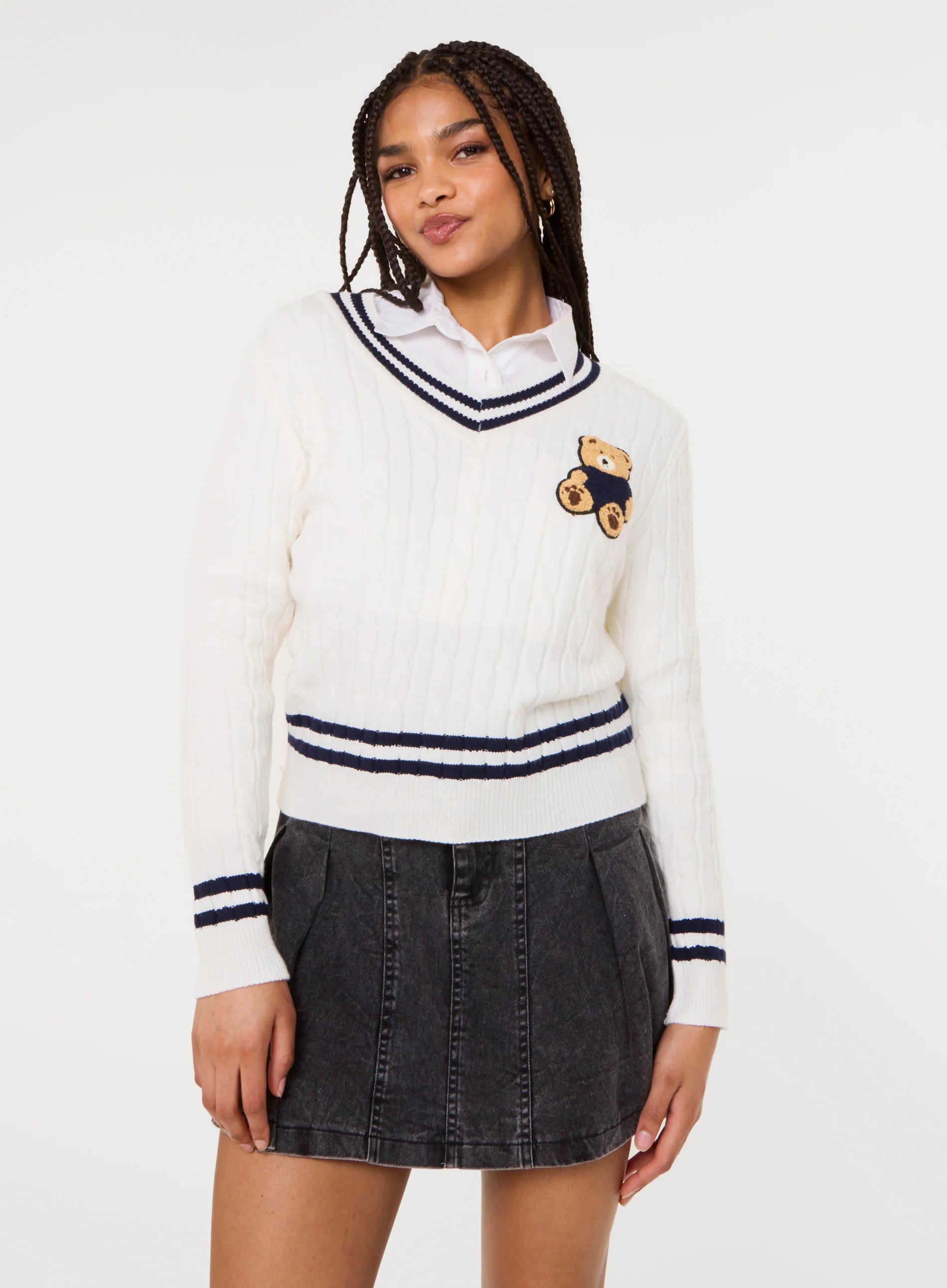 Contrast V-Neck Teddy Jumper
