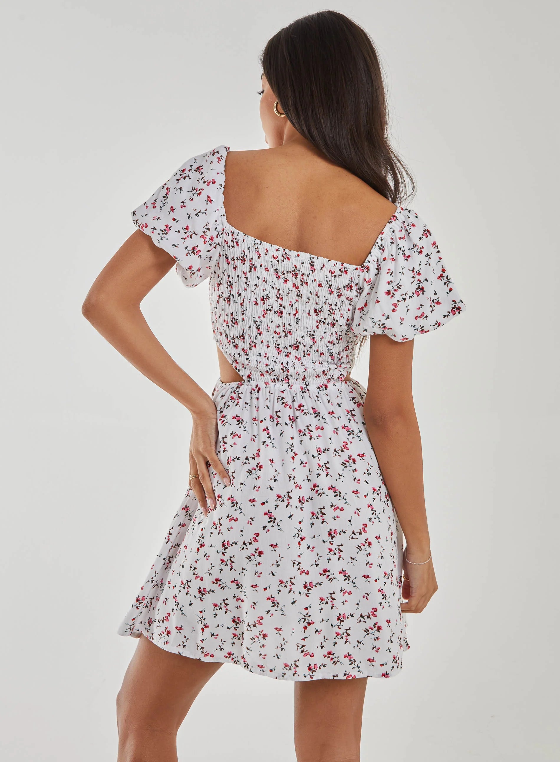Floral Puff Sleeve Cut Out Dress