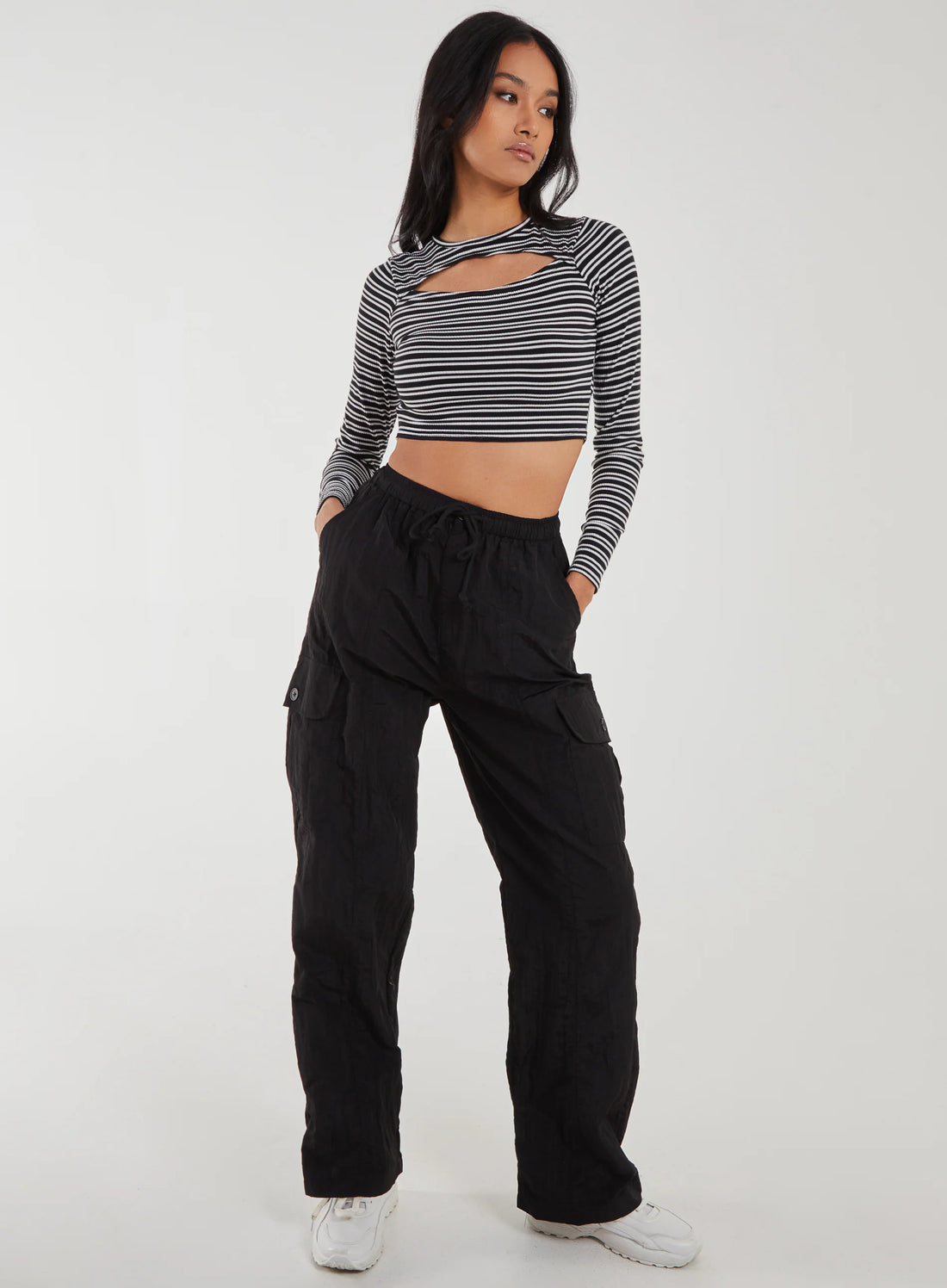 Striped Rib Letterbox Long Sleeve Crop Top
