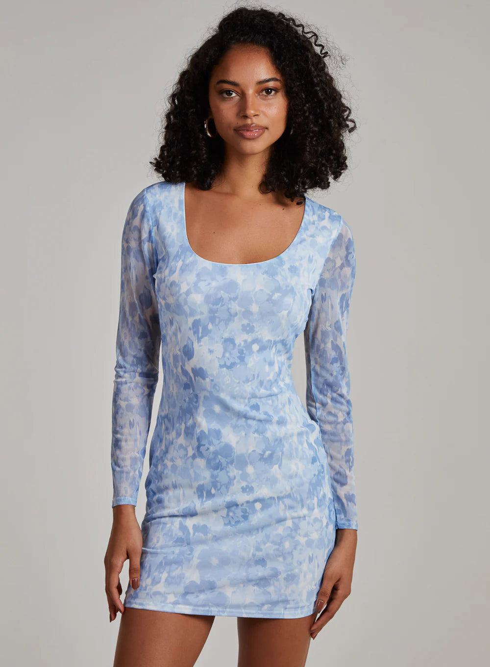 Graphic Floral Long Sleeve Backless Mini Dress