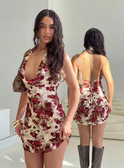 Salome Halter Cowl Neck Mini Dress Red Multi