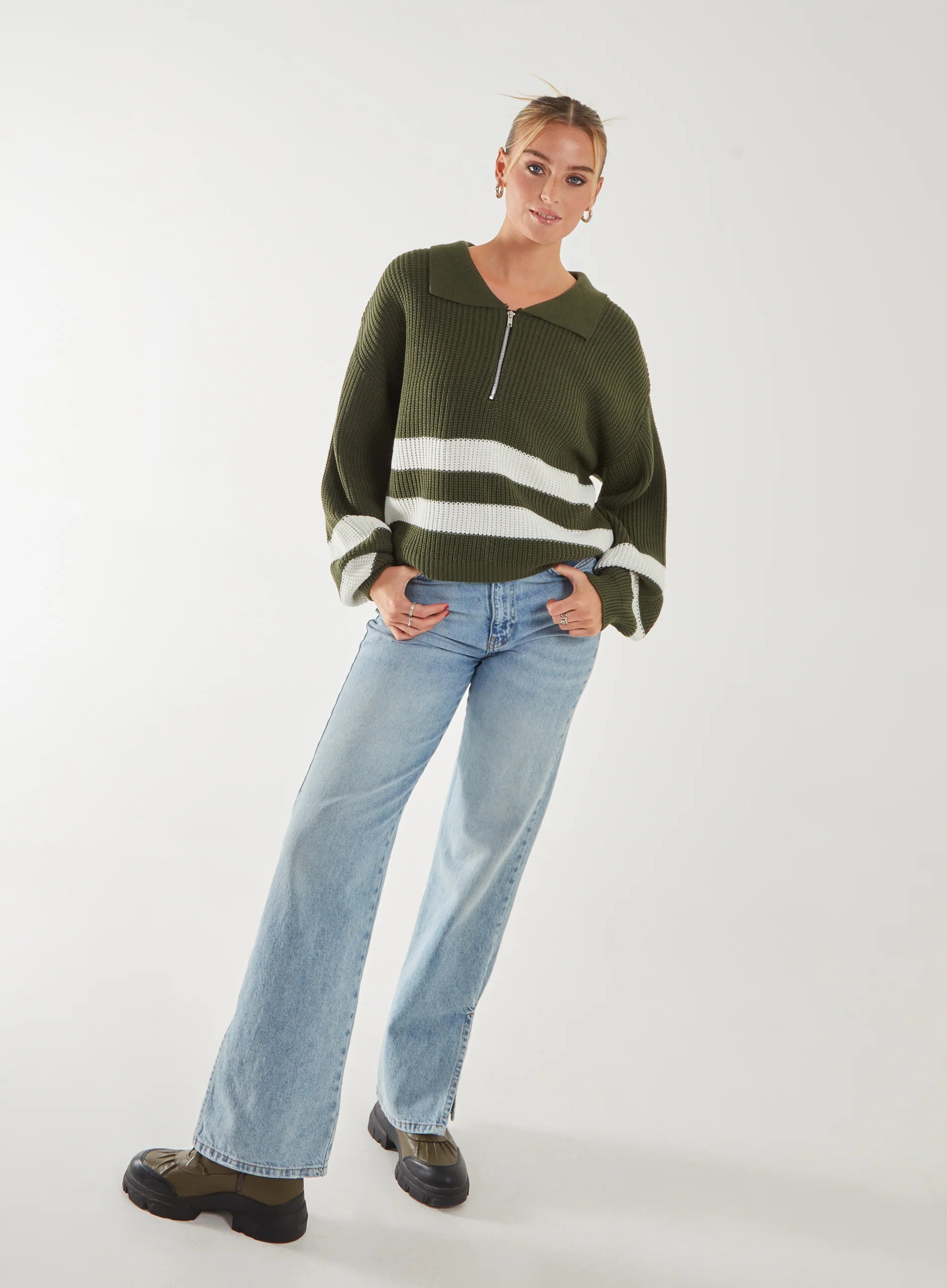 Striped Zip-Up Collar Knitted Jumper