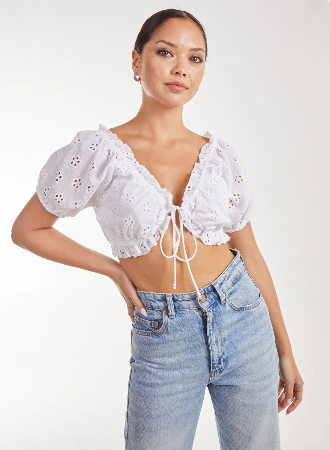 Broderie Puff Sleeve Tie Top