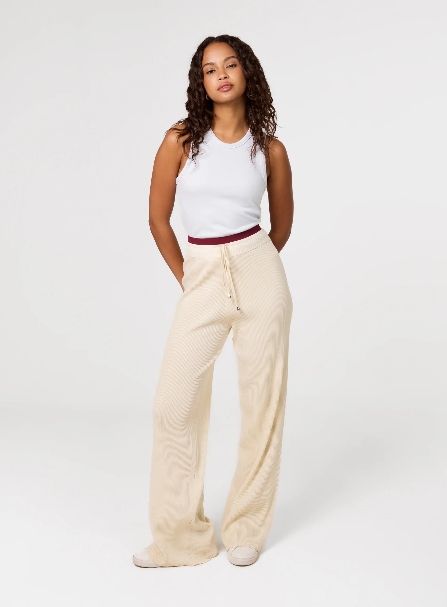 Ribbed Contrast Waist Wide Leg Joggers