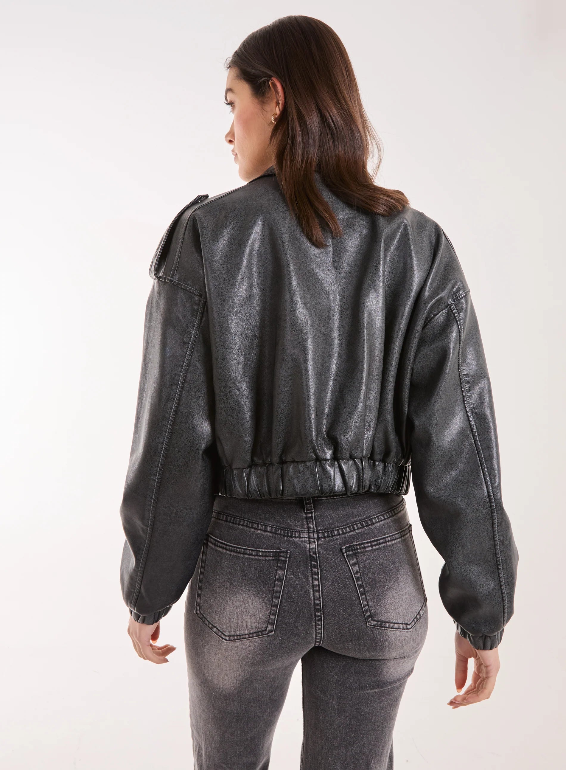 PU Utility Cropped Bomber Jacket
