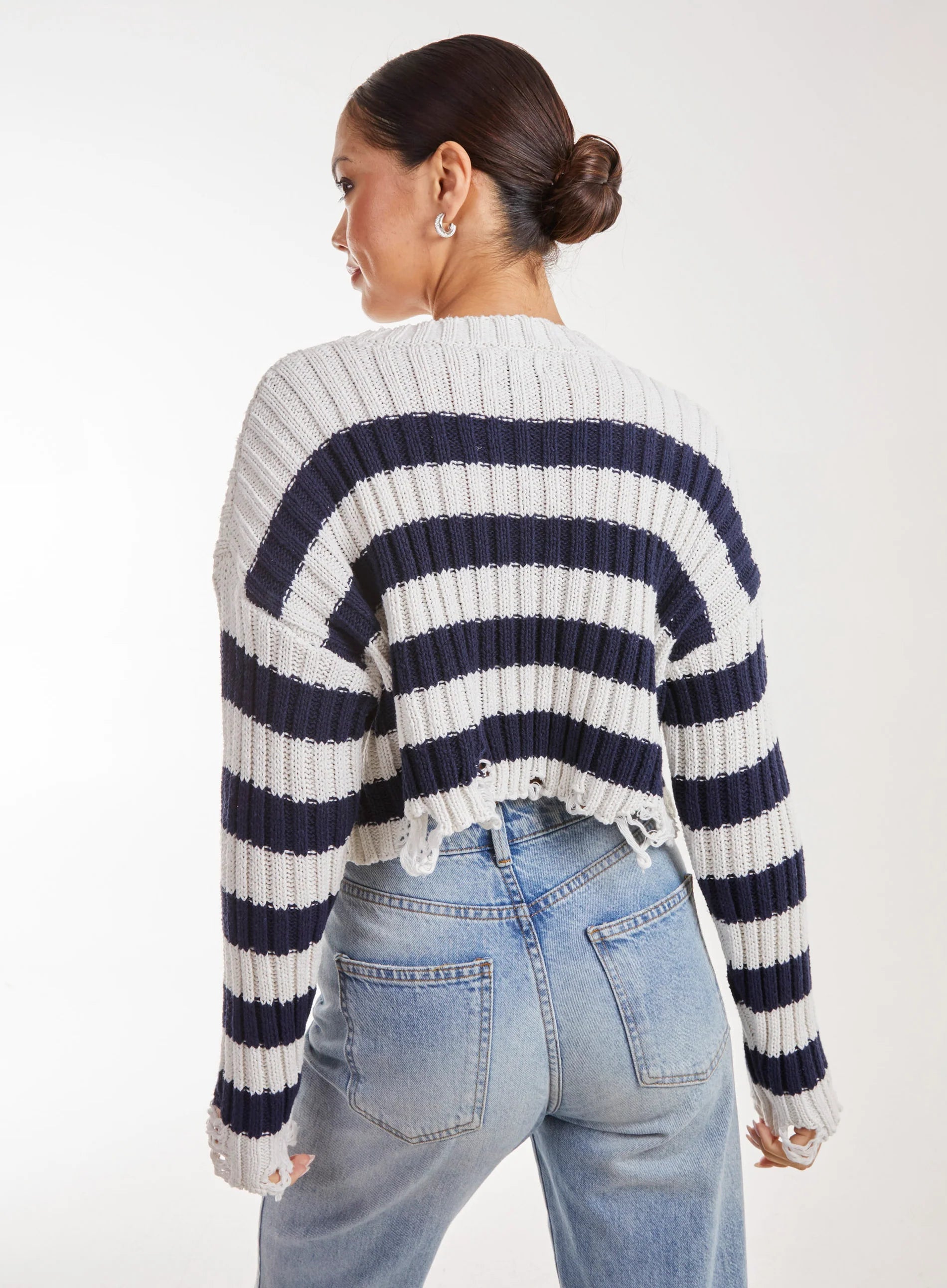 Distressed Striped Crop Knit Jumper