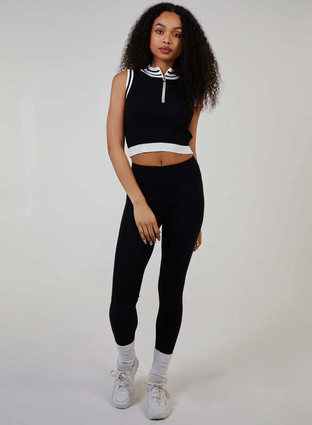 Half Zip Striped High Neck Sleeveless Crop Top
