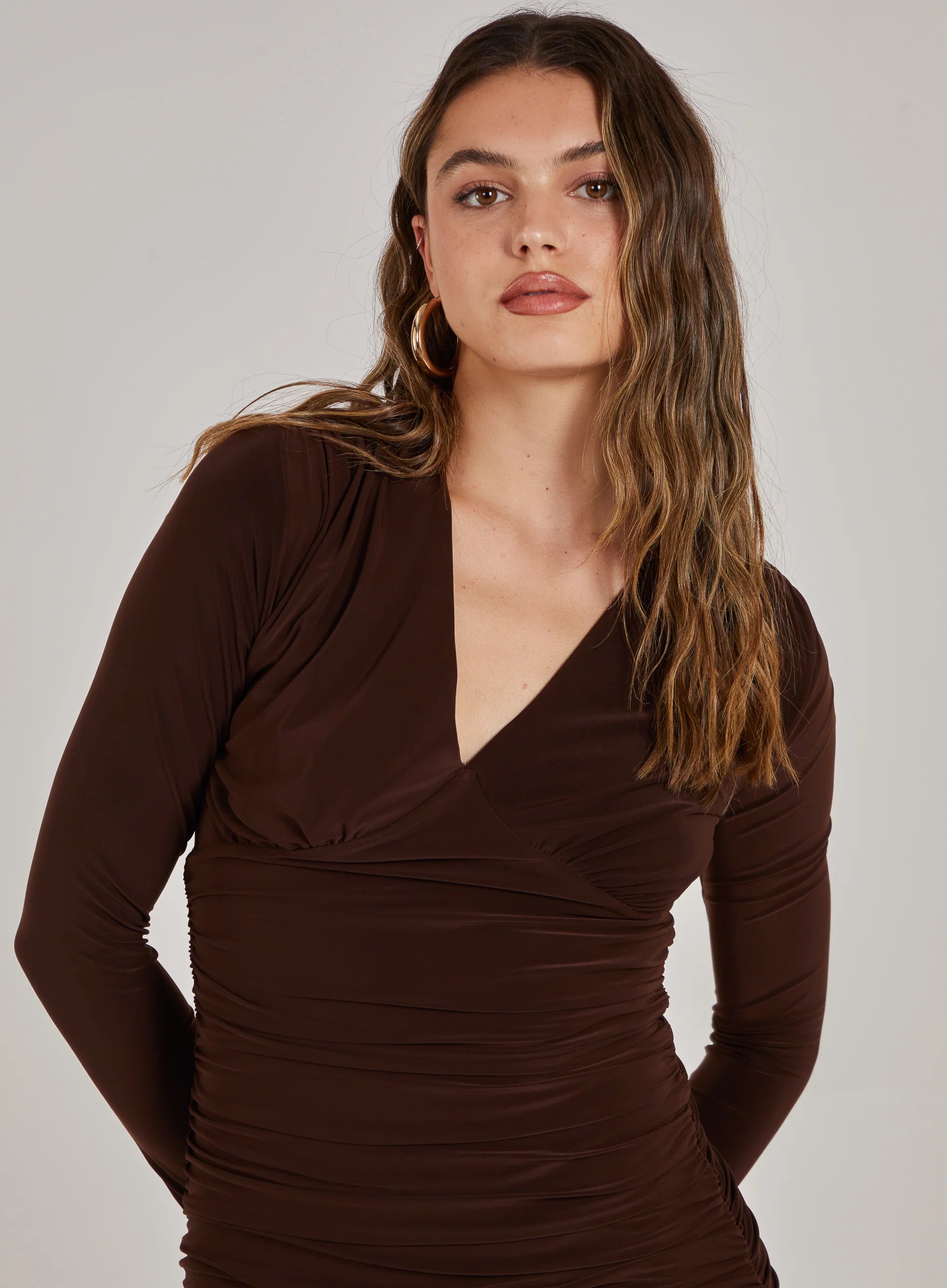 V Neck Slinky Long Sleeve Dress