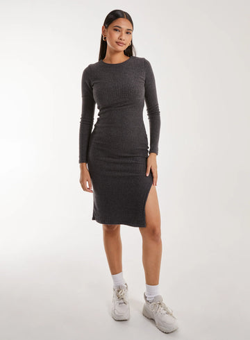 Soft Brushed Rib Long Sleeve Midi Dress
