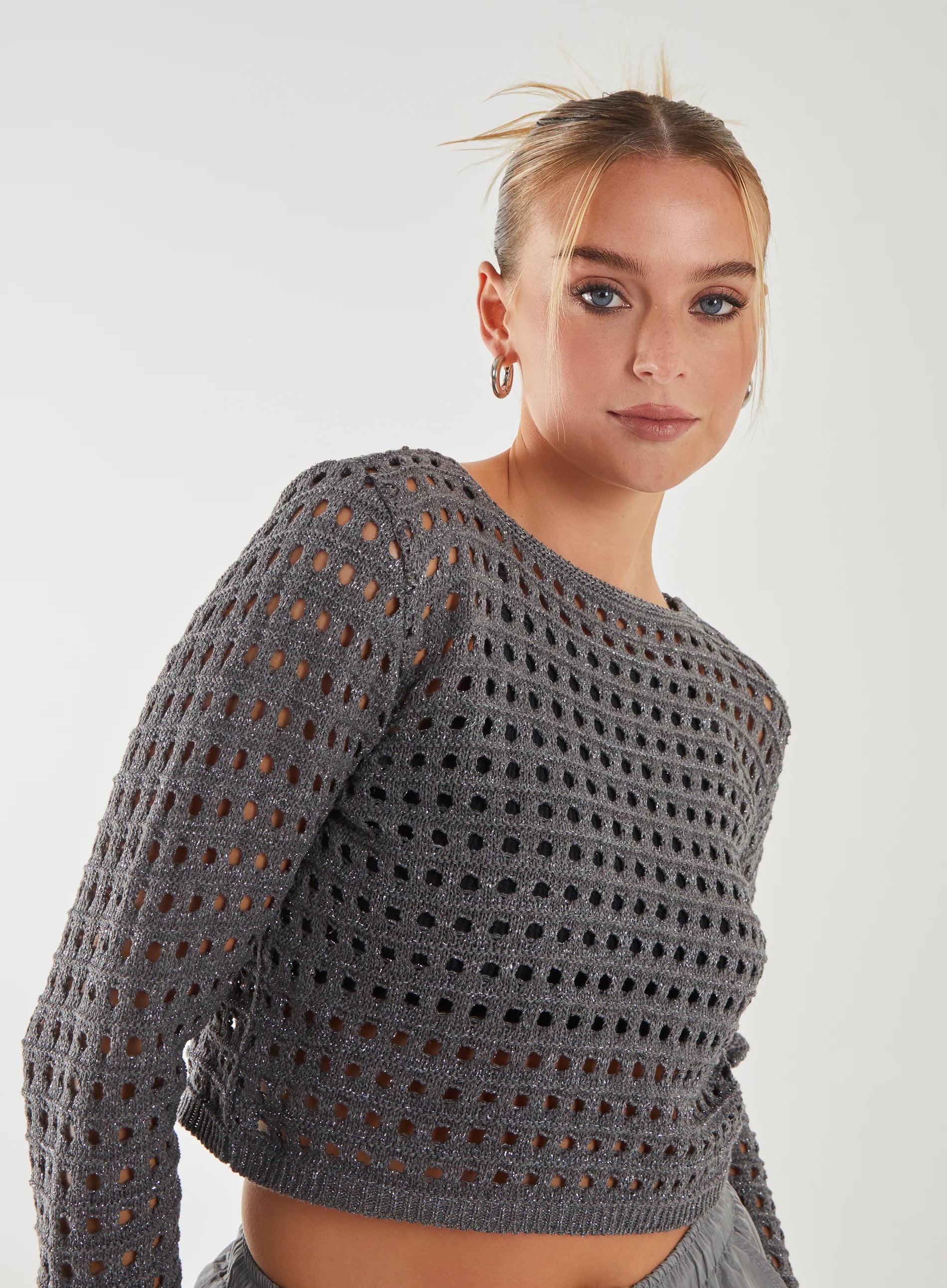 Metallic Long Sleeve Crochet Top