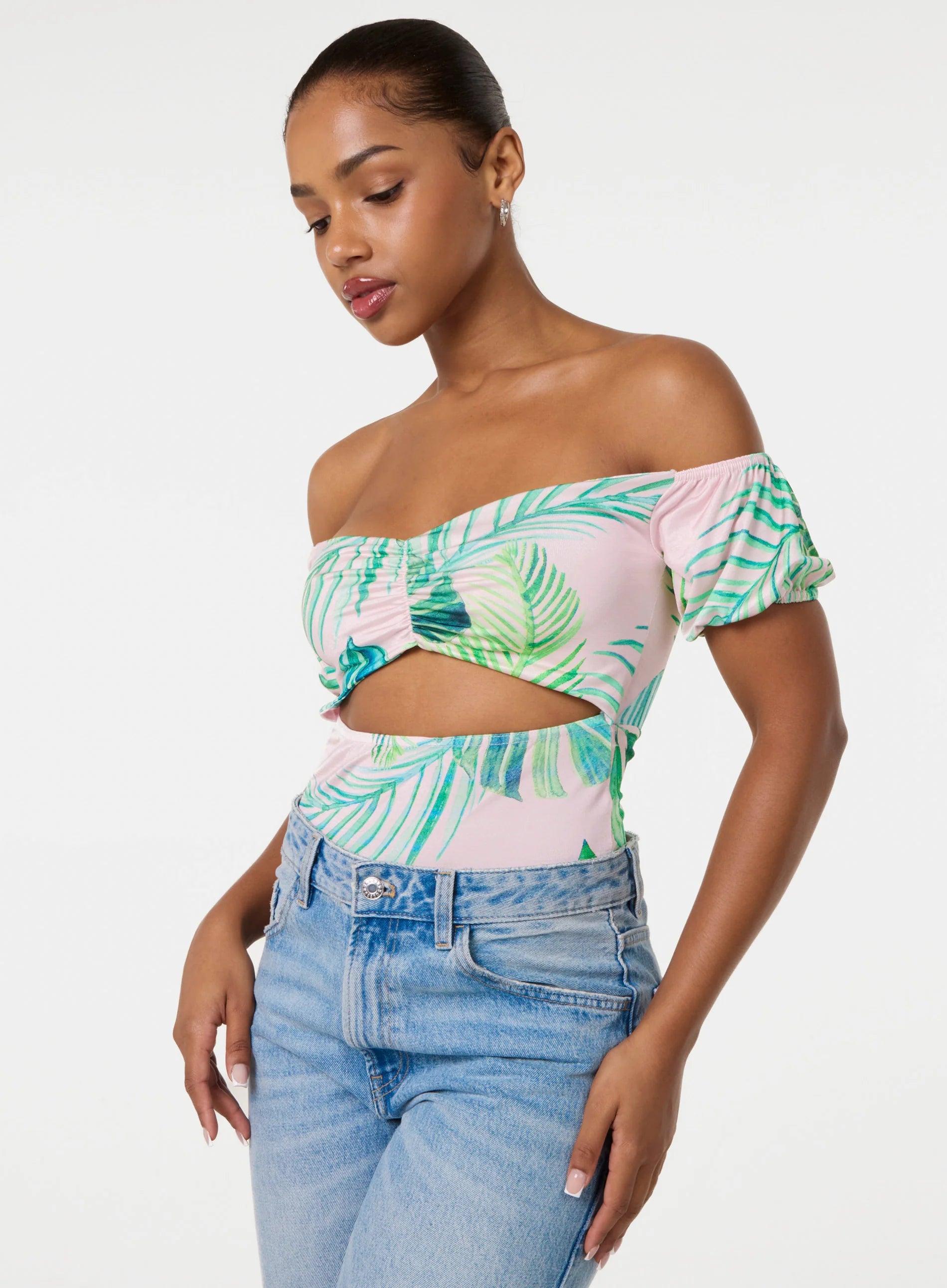 Tropical Bardot Cut-Out Bodysuit