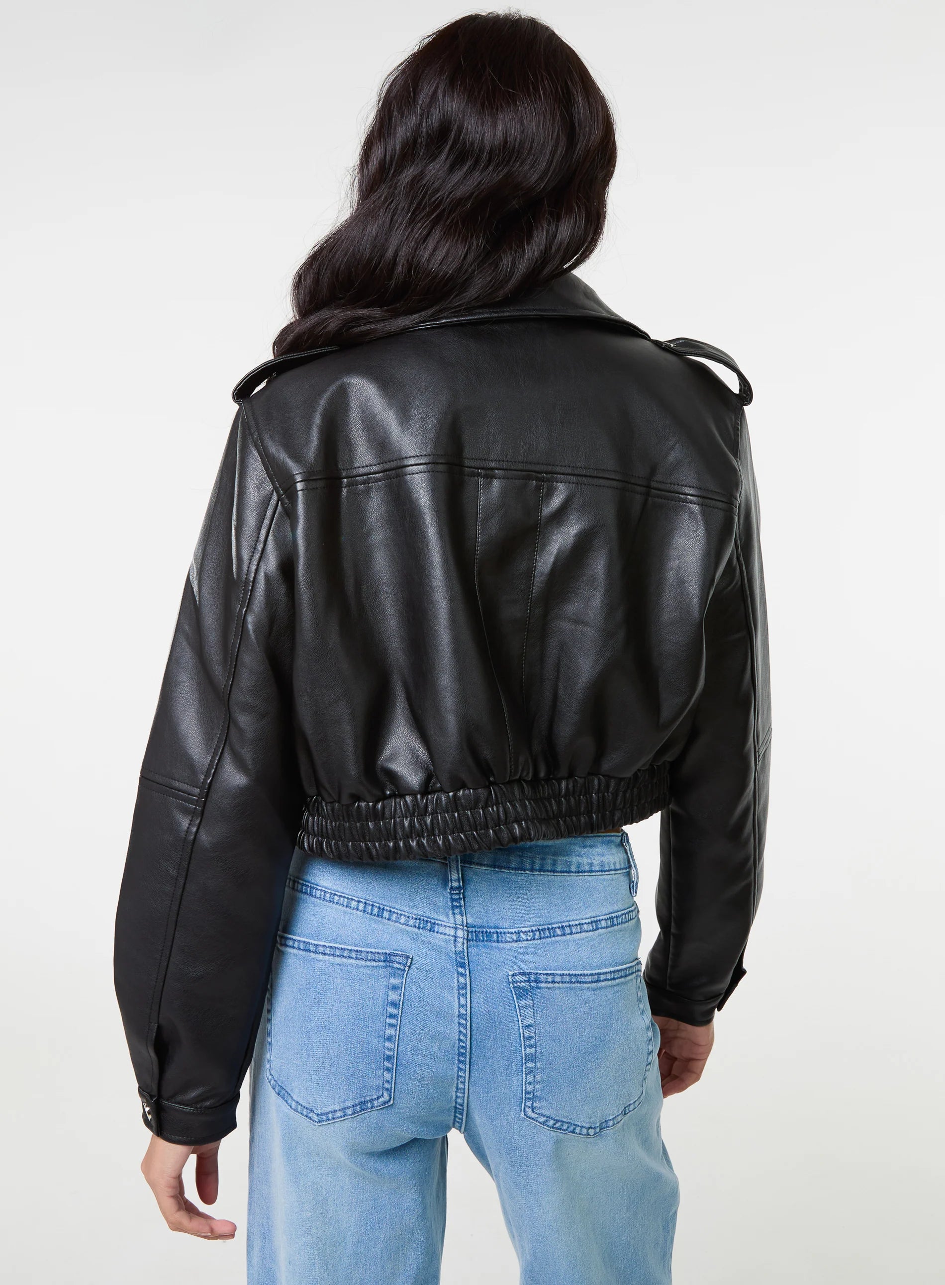 Pocket Detail PU Cropped Bomber Jacket