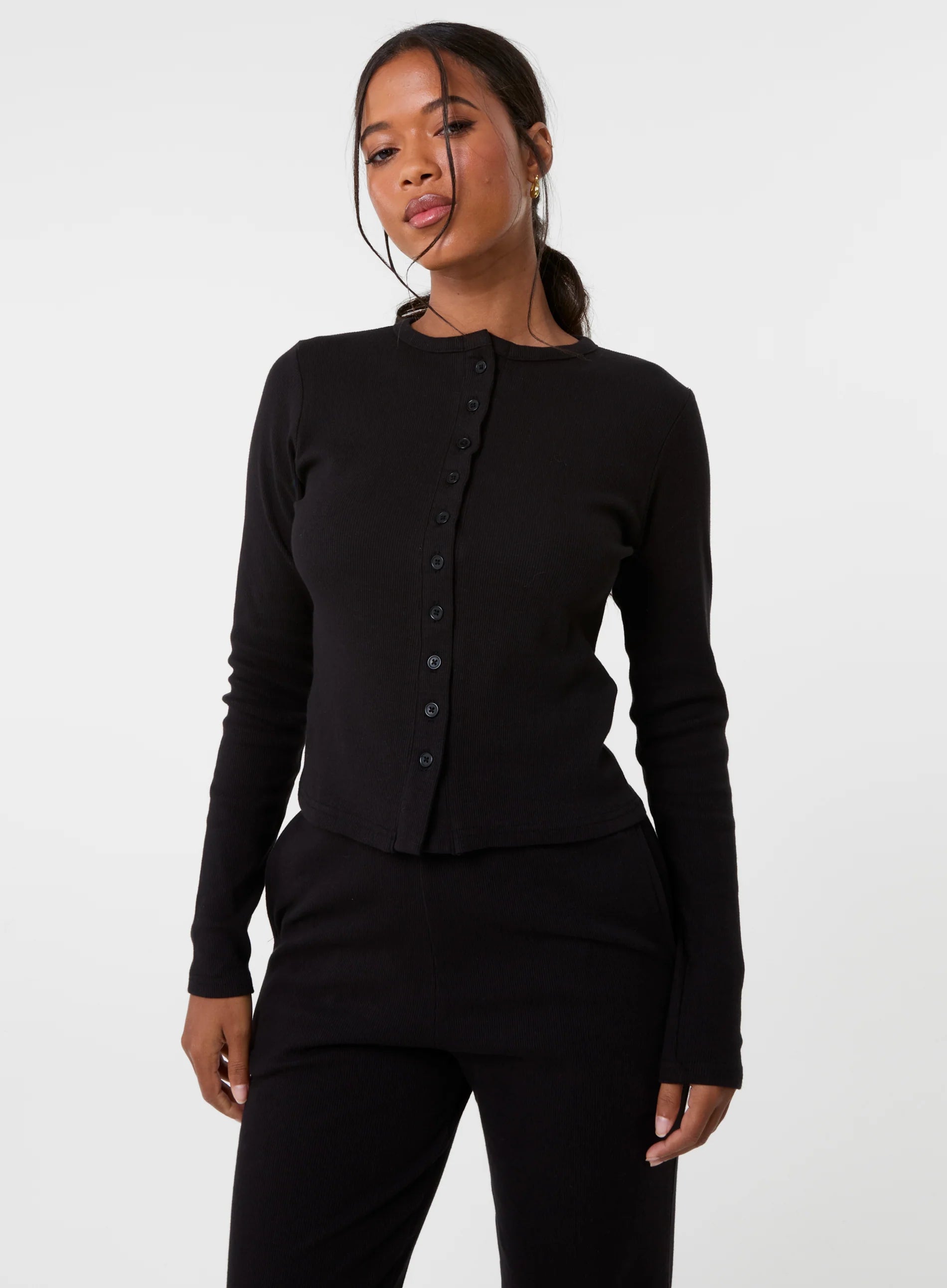 Ribbed Button Front Top