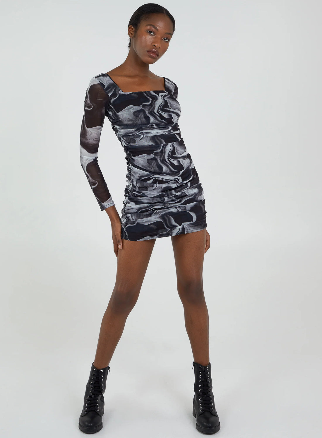 Mesh Marble Long Sleeve Mini Dress