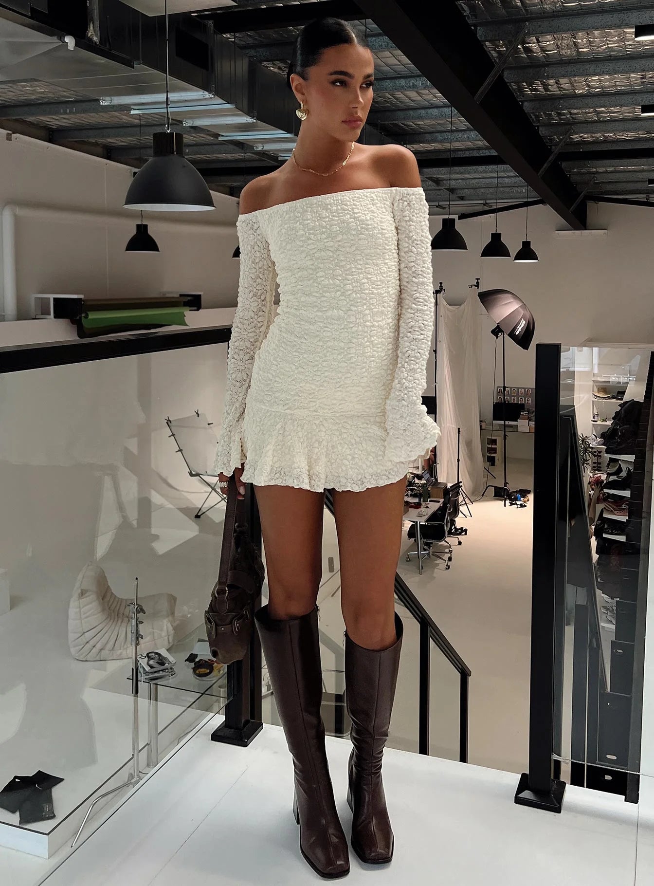 Vancesca Off Shoulder Long Sleeve Mini Dress Cream