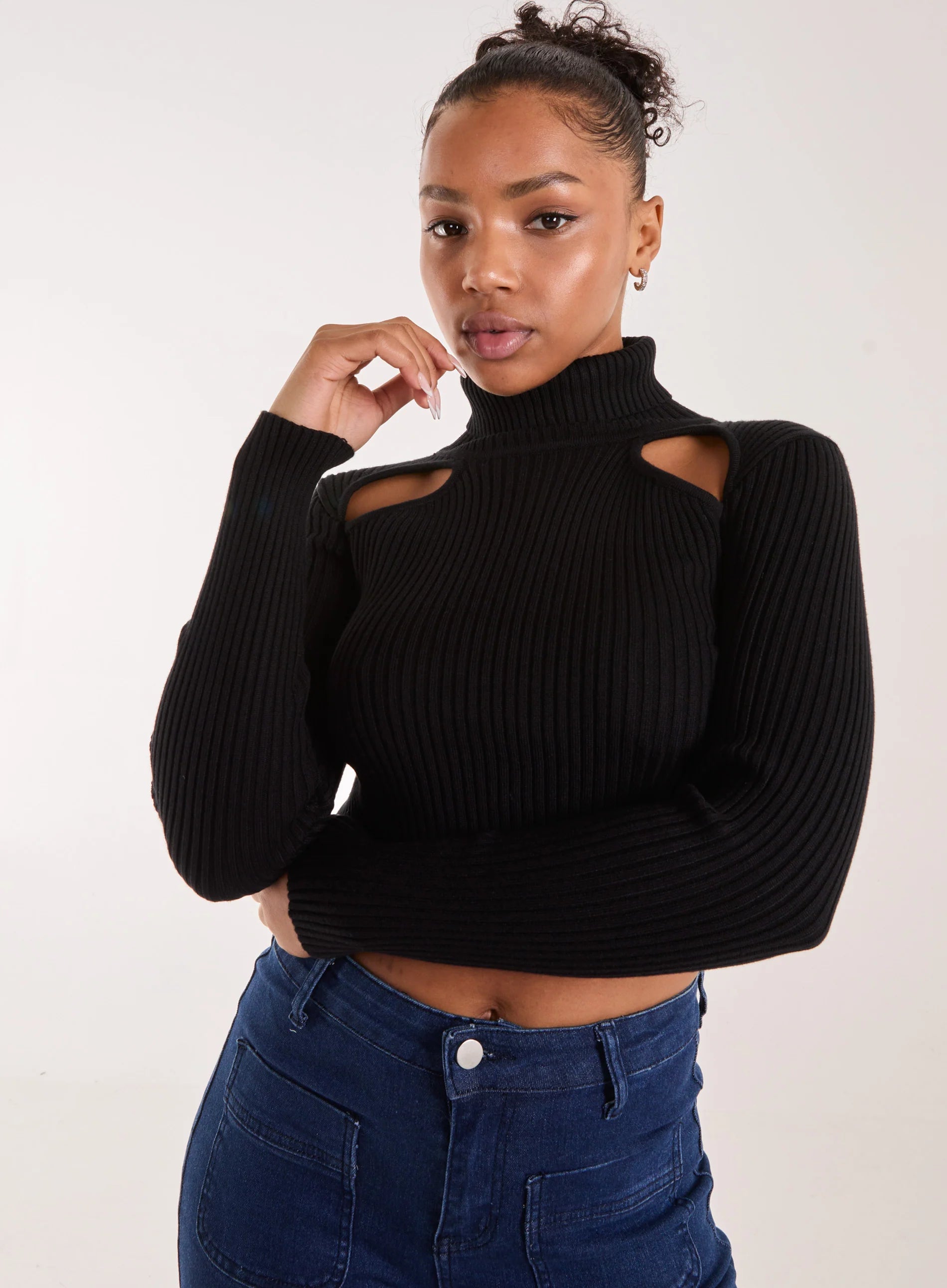 Ribbed Roll Neck Jumper With Cut Out Detail