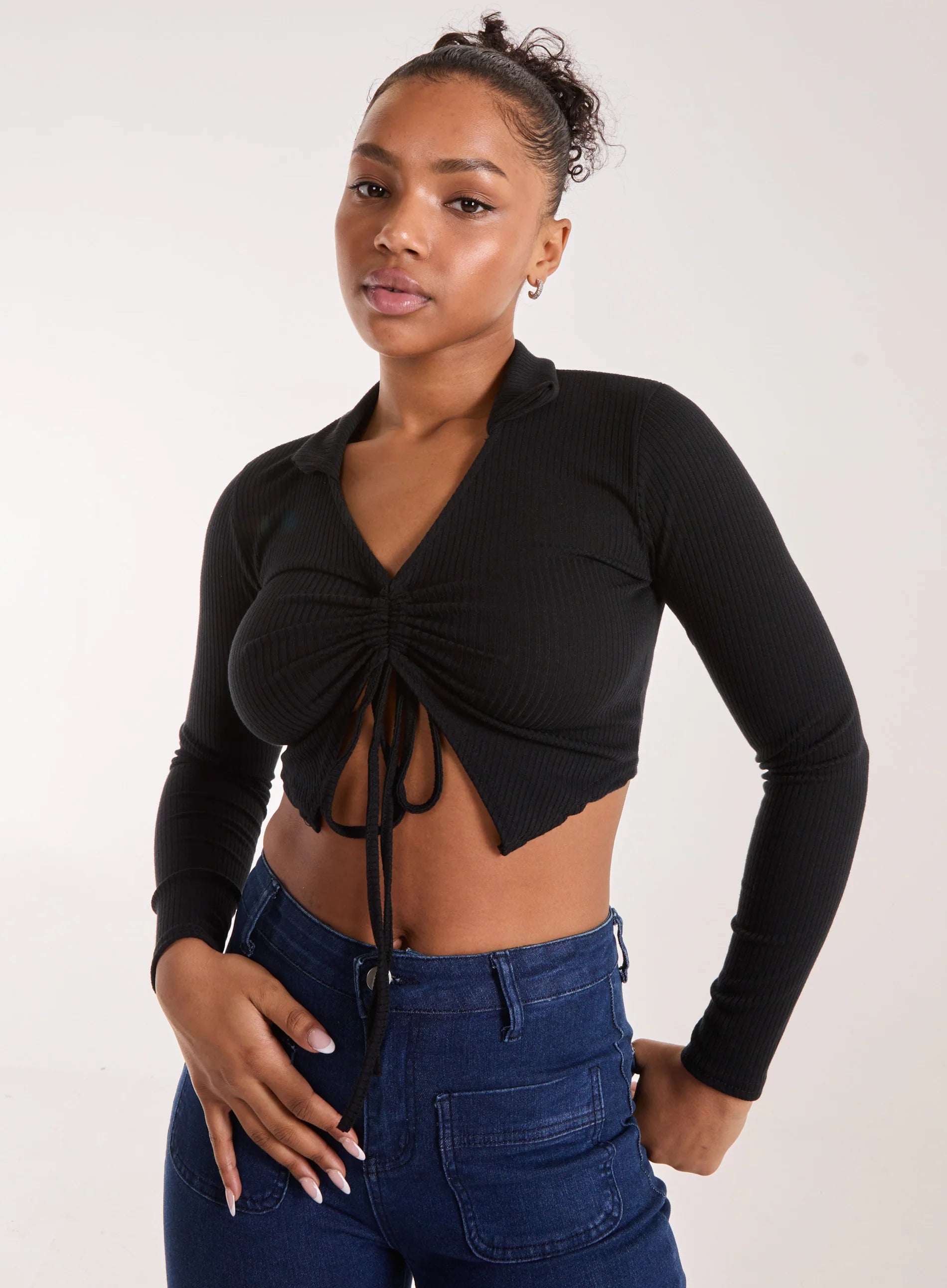 Long Sleeve Gathered Rib Top