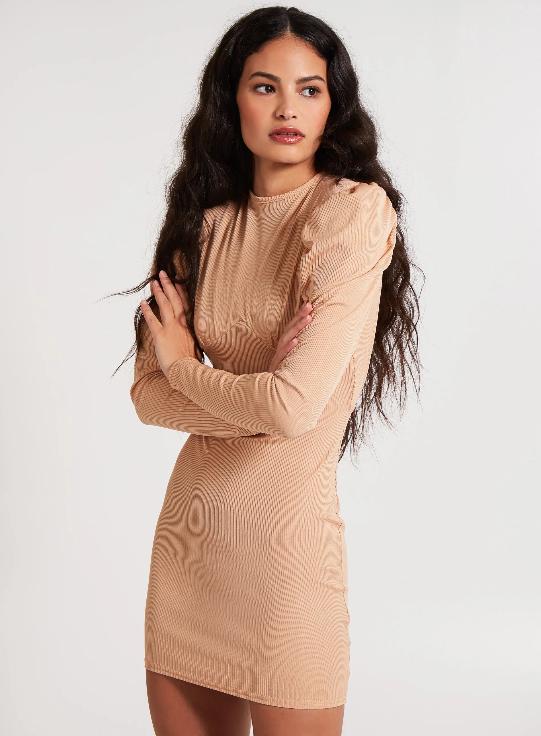 Ribbed Open Back Padded Shoulder Dress