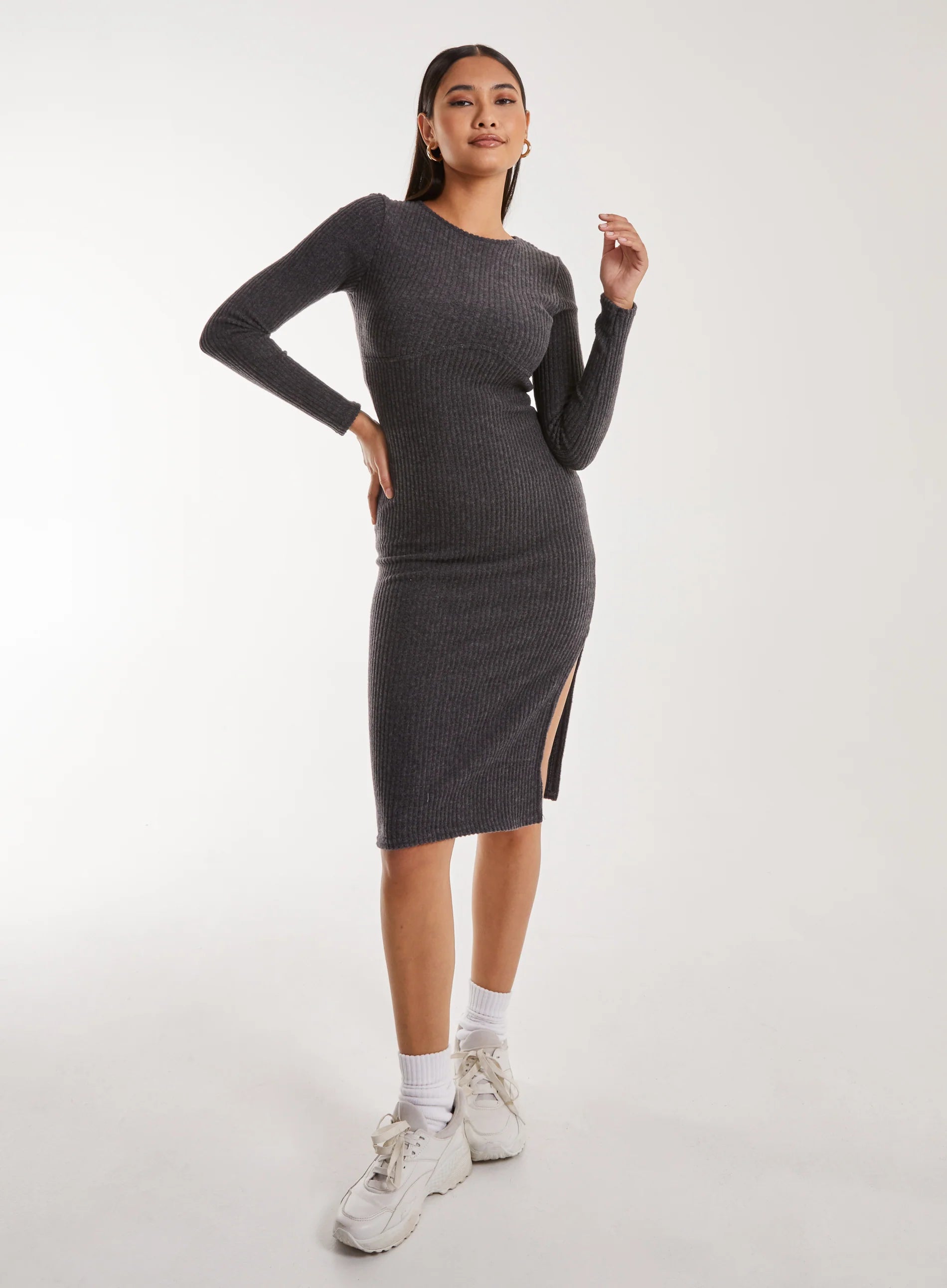 Soft Brushed Rib Long Sleeve Midi Dress